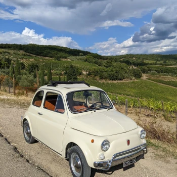 Selina: Mit einem alten Fiat 500 in mitten der toskanischen Weinberge.