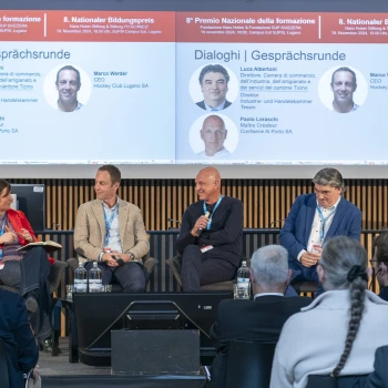 Natascha Fioretti, Marco Werder (CEO Hockey Club Lugano SA), Paolo Loraschi (Maître Créateur, Confiserie Al Porto SA), Luca Albertoni (Direktor Industrie- und Handelskammer Tessin)