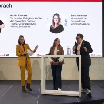 Cloé Maria Salzgeber, Stefanie Müller (Emmi Schweiz AG), Martin Erlacher (SwissSkills)