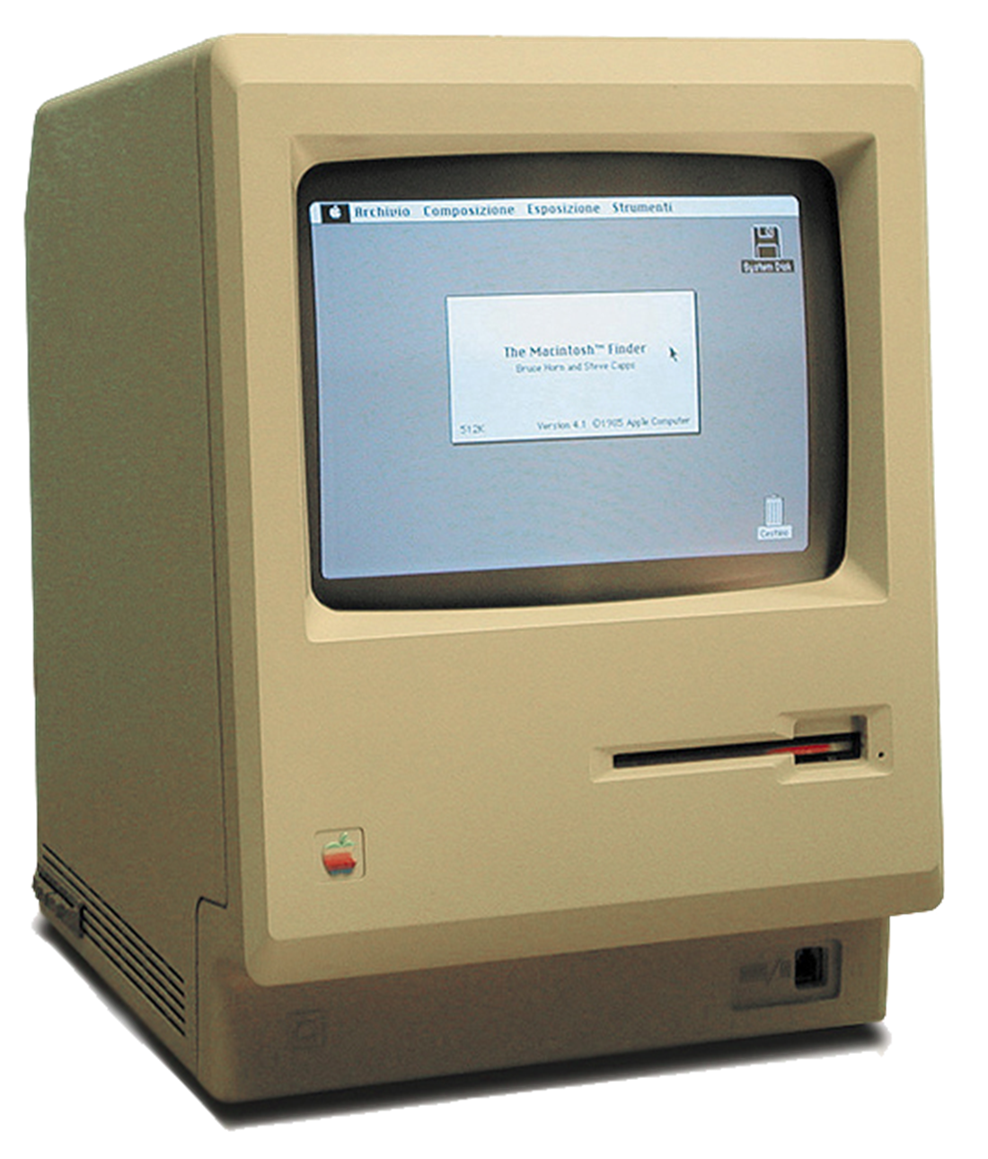 Das erste Macintosh-Modell von 1984 (Macintosh 128k). Der neue Mac war der erste Mikrocomputer mit grafischer Benutzeroberfläche, der in grösseren Stückzahlen produziert wurde.