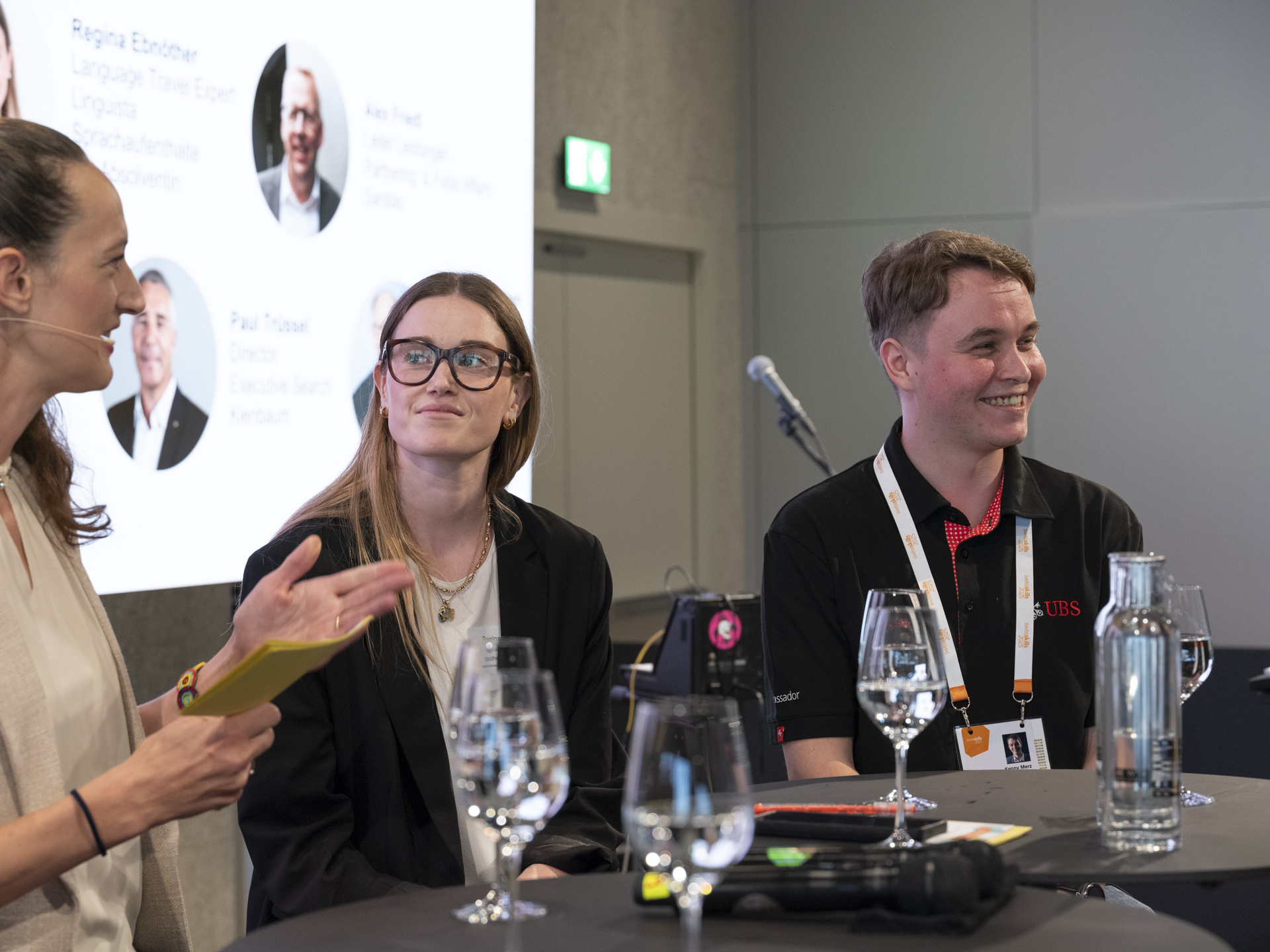 Sabine Östlund (Moderation), Regina Ebnöther (Linguista Sprachaufenthalte) & Kenny Merz (Ambassador SwissSkills)