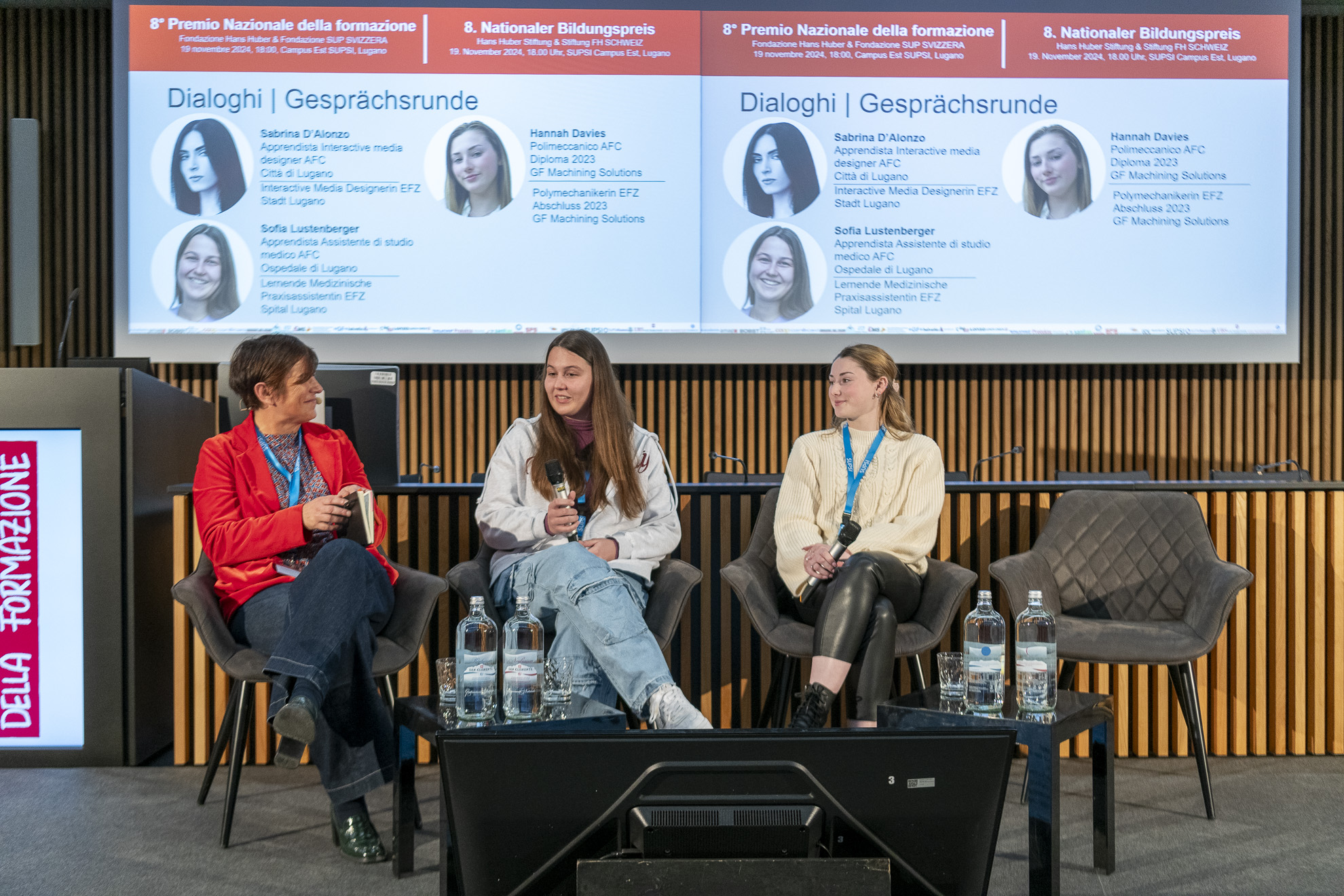 Natascha Fioretti (Moderatorin), Sofia Lustenberger (Lernende Medizinische Praxisassistentin EFZ, Spital Lugano), Hannah Davies  (Polymechanikerin EFZ Abschluss 2023, GF Machining Solutions)