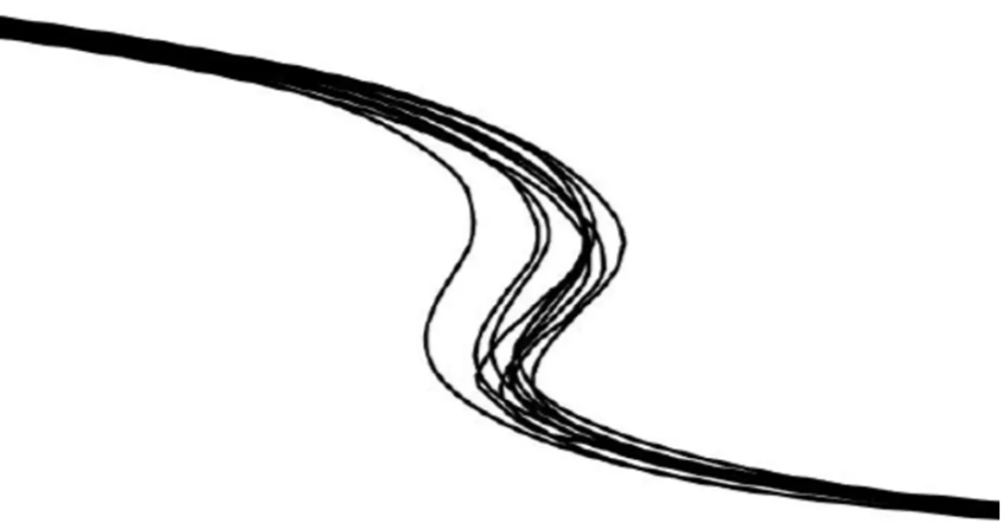 Abb. 1: Mittels GPS-Sensoren der neuesten Generation gemessene Fahrlinien der Schweizer Spitzen-Abfahrtsfahrer im Segment «Brüggli-S» der Lauberhorn-Abfahrt in Wengen.