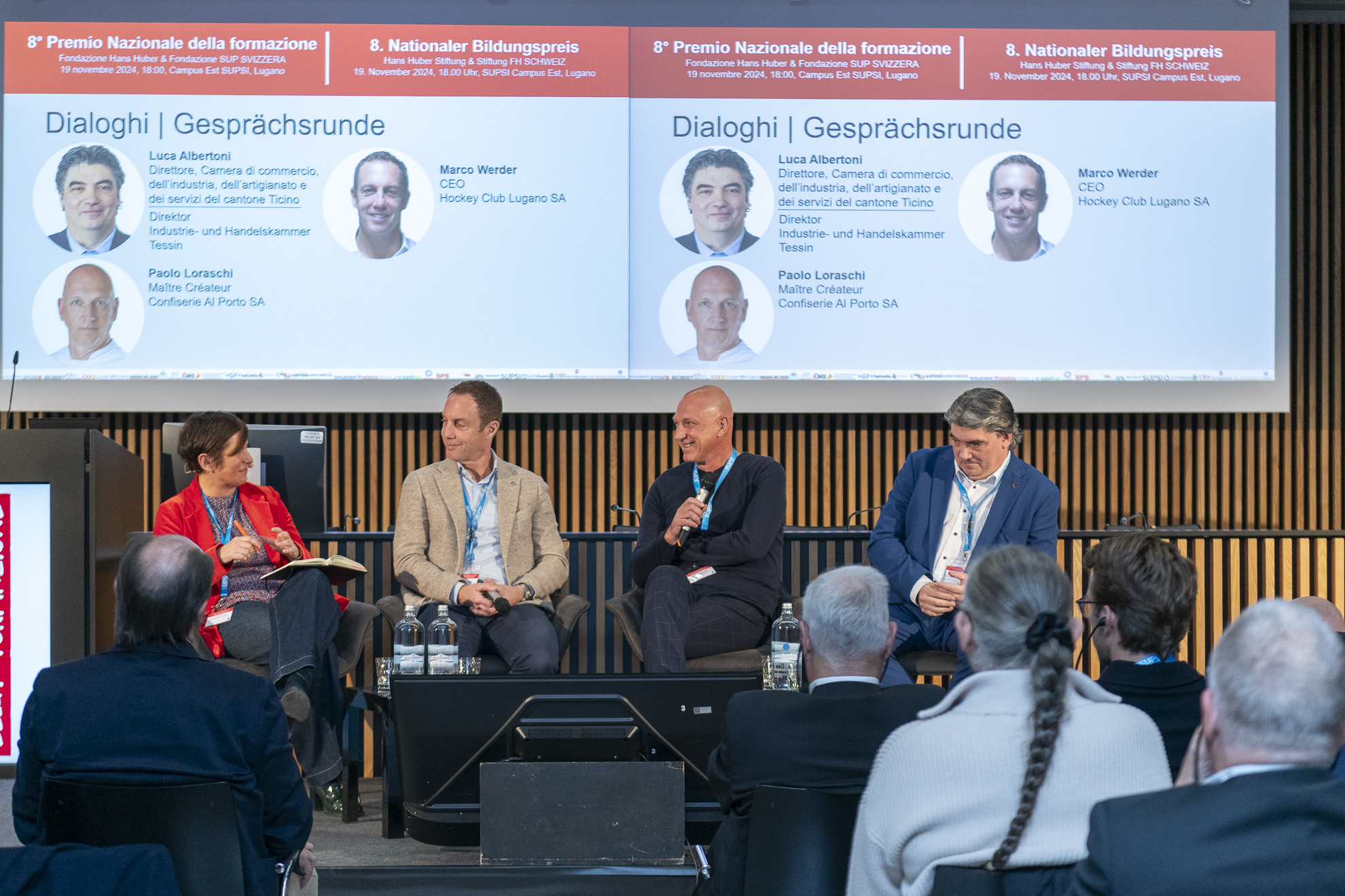 Natascha Fioretti, Marco Werder (CEO Hockey Club Lugano SA), Paolo Loraschi (Maître Créateur, Confiserie Al Porto SA), Luca Albertoni (Direktor Industrie- und Handelskammer Tessin)