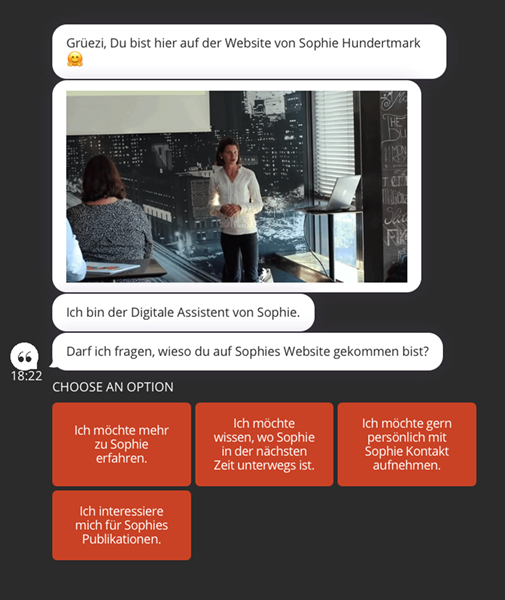 Chatbot, der Bilder, Buttons, Emoticons und Text integriert hat