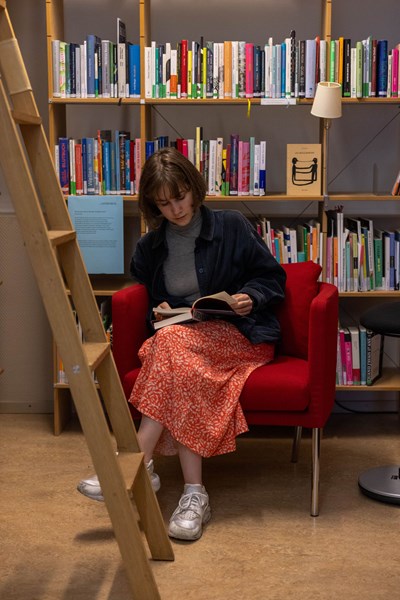 Lena blättert in einem Buch in der Bibliothek des Schweizerischen Literaturinstituts. Foto: HKB / Tina Schück