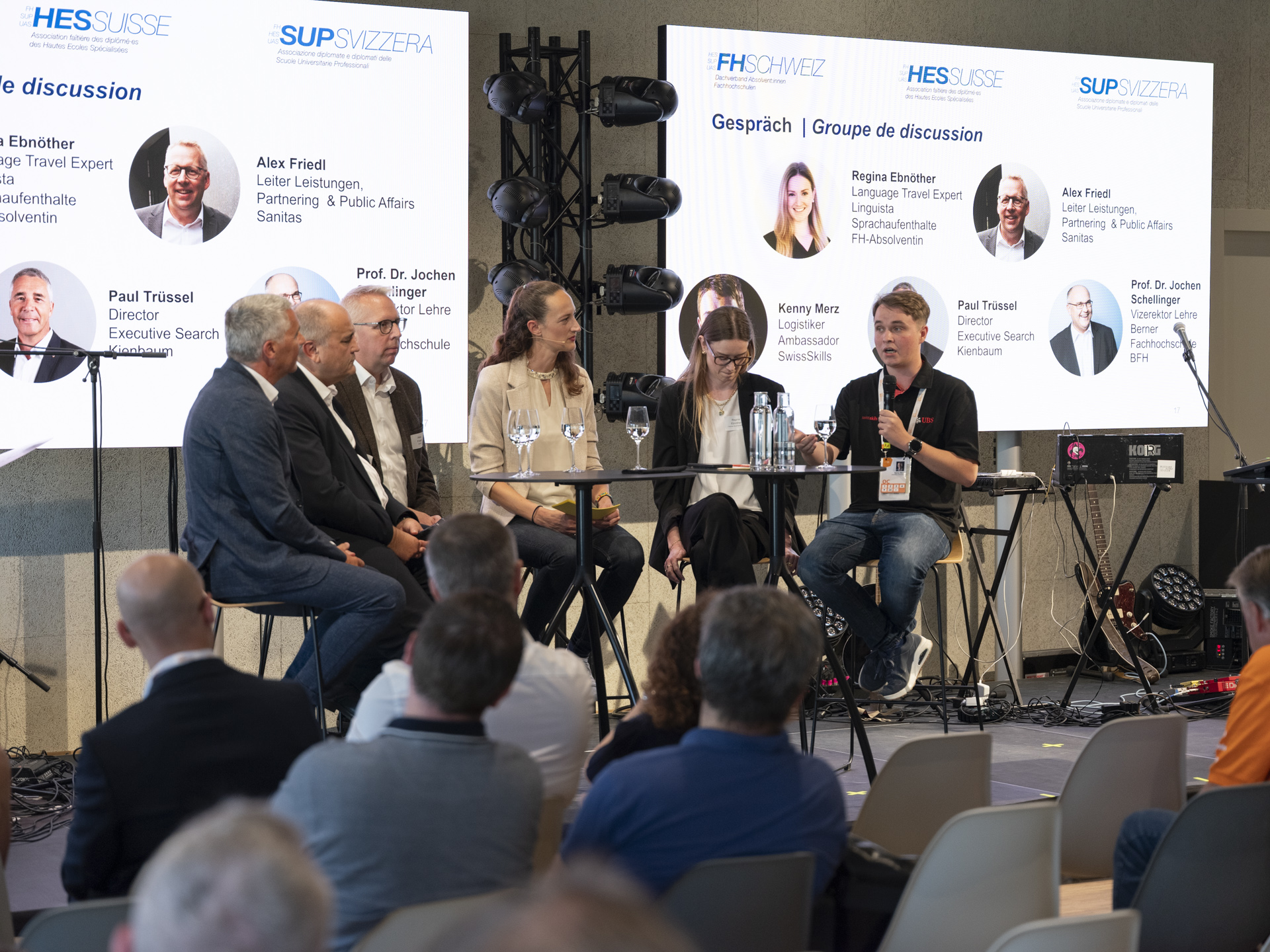 Paul Trüssel (Director Executive Search Kienbaum), Prof. Dr. Jochen Schellinger (Vizerektor Lehre BFH), Alex Friedl (Leiter Leistungen, Partnering & Public Affairs Sanitas), Sabine Östlund (Moderation), Regina Ebnöther (Linguista Sprachaufenthalte) & Kenny Merz (Ambassador SwissSkills)