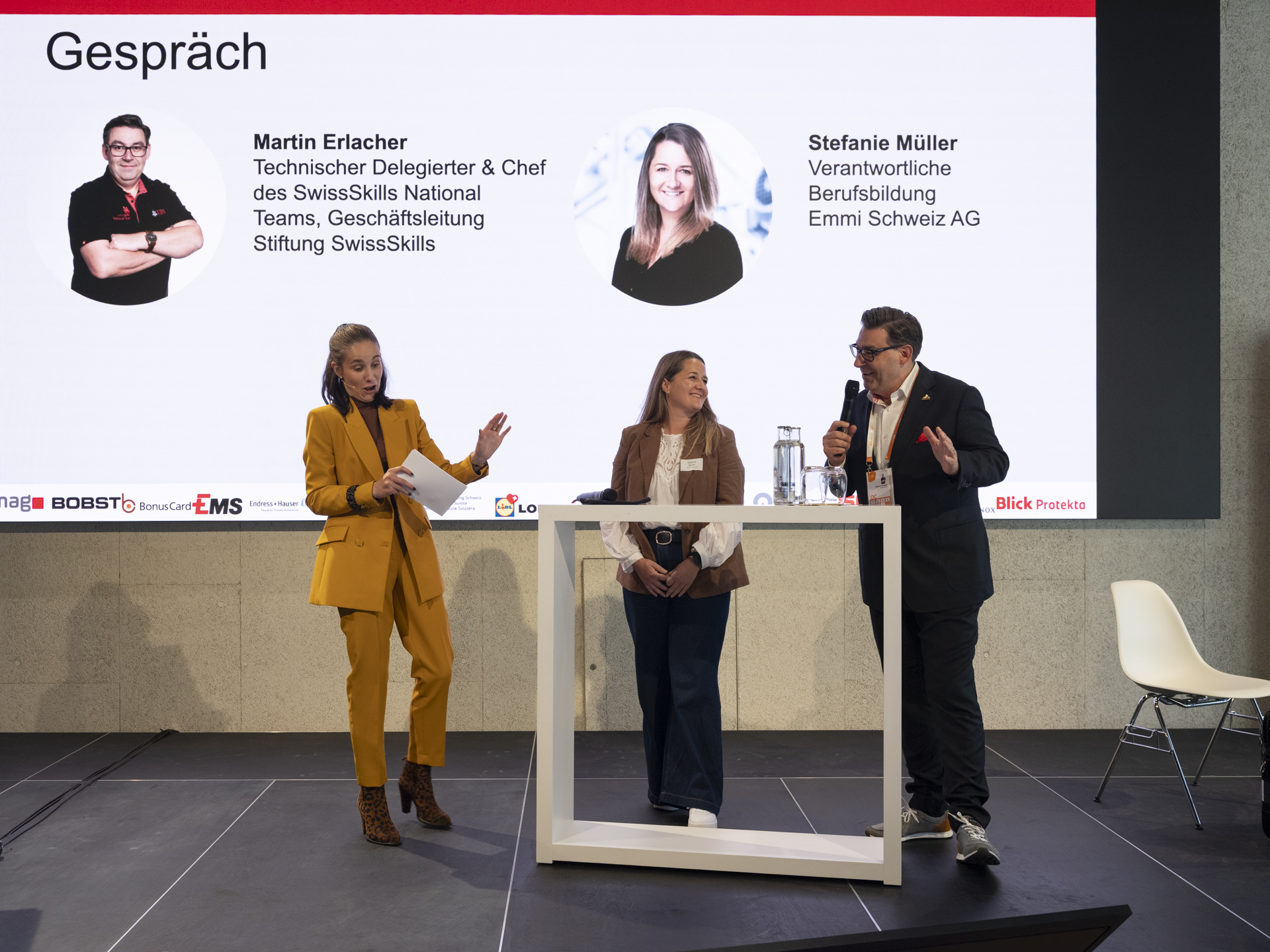 Cloé Maria Salzgeber, Stefanie Müller (Emmi Schweiz AG), Martin Erlacher (SwissSkills)