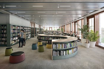Visualisierung der künftigen Bibliothek im neuen Gebäude «Perron» des Campus Luzern Bahnhof. 